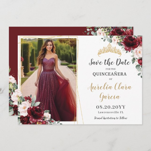 Chic Burgundy Blush Pink Floral Quinceanera Photo Save The Date (Vorne/Hinten)