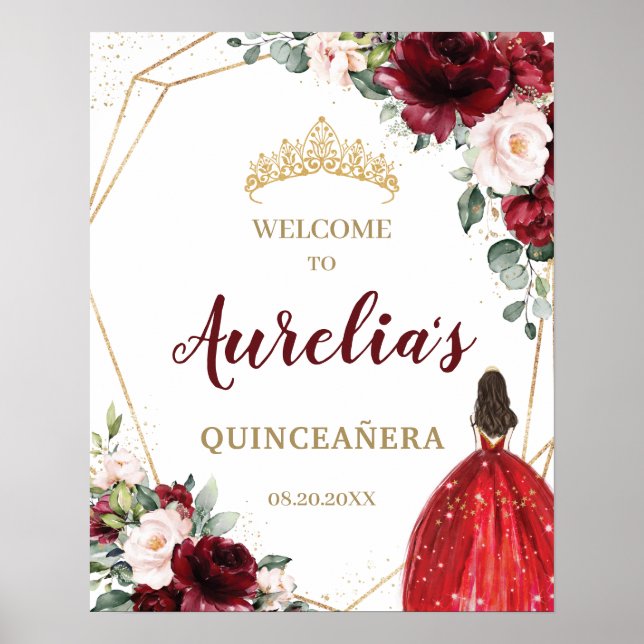 Chic Burgundy Blush Red Floral Quinceañera Willkom Poster (Vorne)