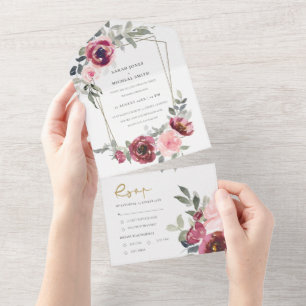 CHIC BURGUNDY BLUSH ROSE FLORAL WATERCOLOR WEDD ALL IN ONE EINLADUNG