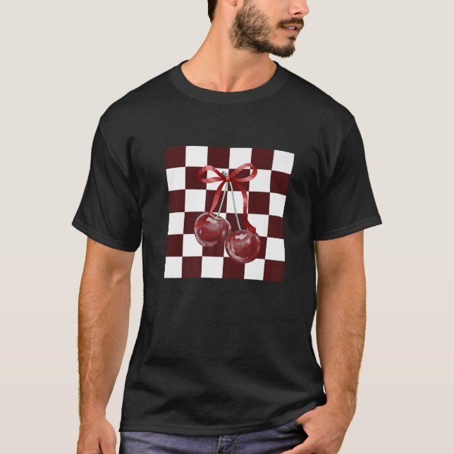 Chic Burgundy Checkered Pattern Coquette Bow Dunke T-Shirt (Vorderseite)