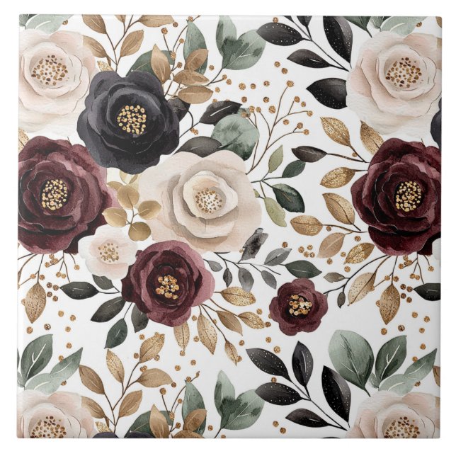 Chic Burgundy Cream Floral Fliese (Vorderseite)