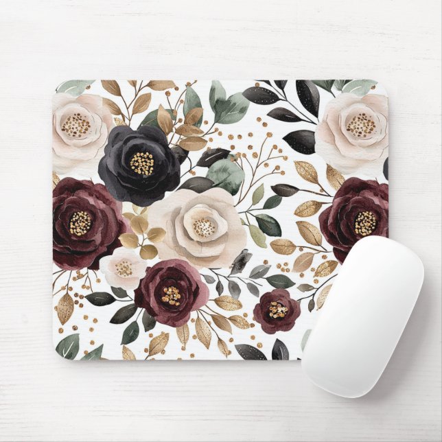 Chic Burgundy Cream Floral Mousepad (Mit Mouse)