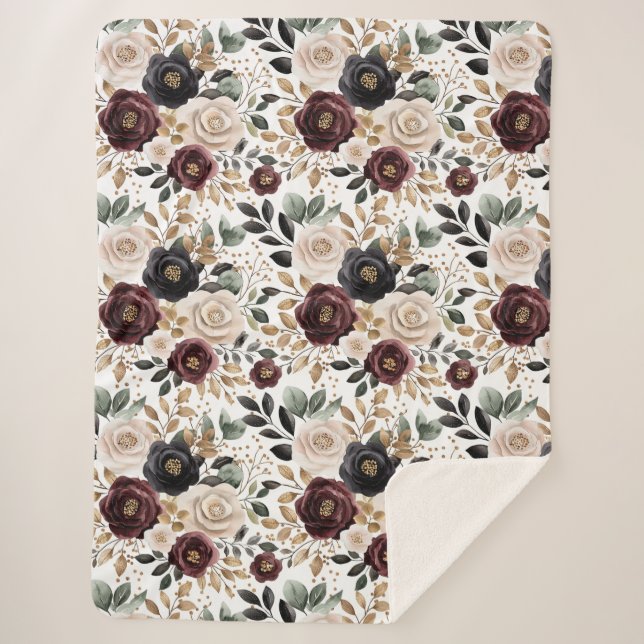Chic Burgundy Cream Floral Sherpadecke (Vorderseite)