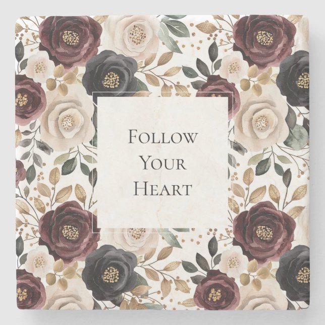 Chic Burgundy Cream Floral Steinuntersetzer (Vorderseite)