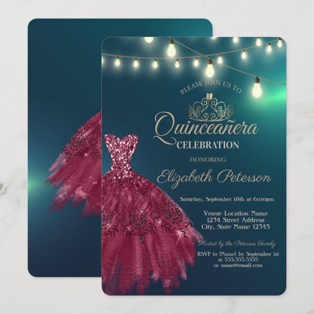 Chic Burgundy Dress, Tiara Green Quinceañera Einladung (Vorne/Hinten)