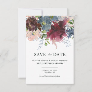 Chic Burgundy Dusty Blue Floral Watercolor Wedding Save The Date