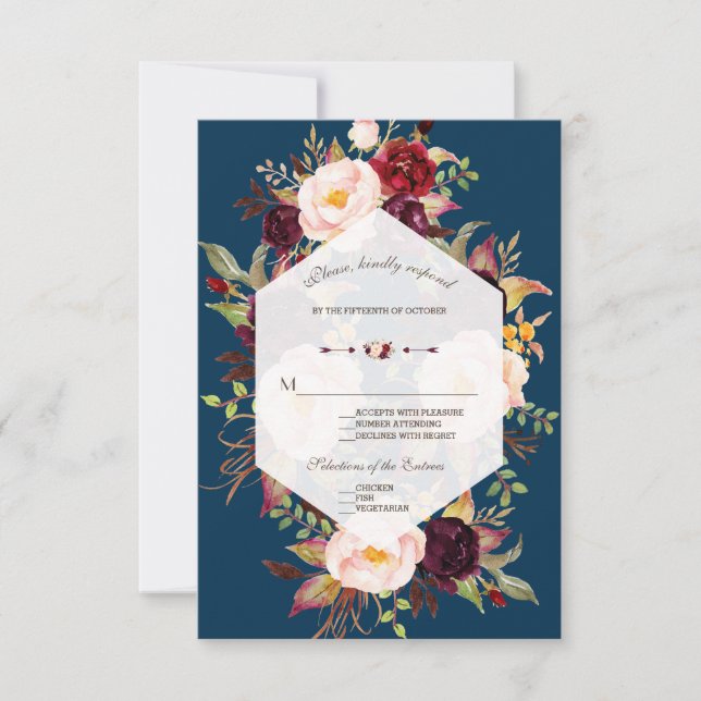 Chic Burgundy Floral Geometric Navy Hochzeit RSVP (Vorderseite)