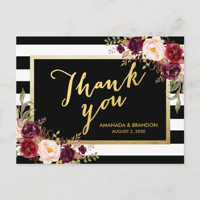 Chic Burgundy Floral Gold Black Wedding Vielen Dan Postkarte (Vorderseite)