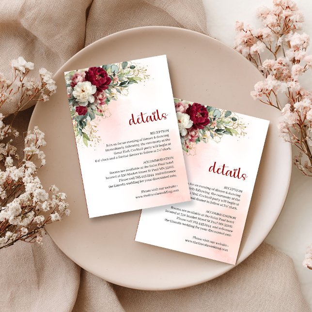 Chic Burgundy Floral Greenery Gold Wedding Details Begleitkarte (Chic Burgundy Floral Greenery Gold Wedding Details)