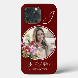 Chic Burgundy Floral Themed Foto Mit Monogramm Case-Mate iPhone Hülle
