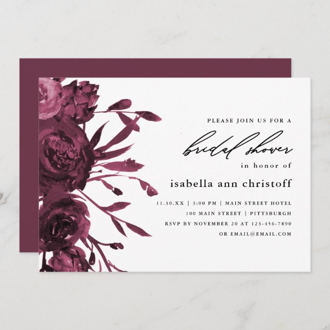 Chic Burgundy Floral Wedding Brautparty Einladung (Vorne/Hinten)