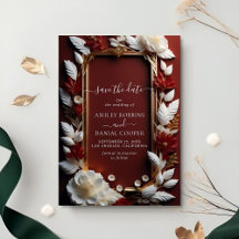 Chic Burgundy Florals Golden Frame Save the Date