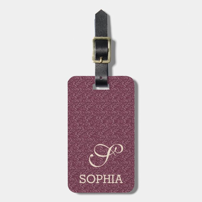 Chic Burgundy Glitzer Ivory Custom Monogram Gepäckanhänger (Vorderseite vertikal)