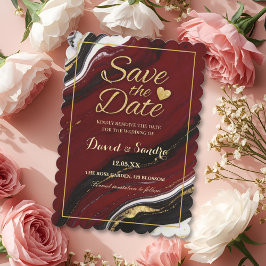 Chic Burgundy Gold Agate Marble Modern Wedding Save The Date