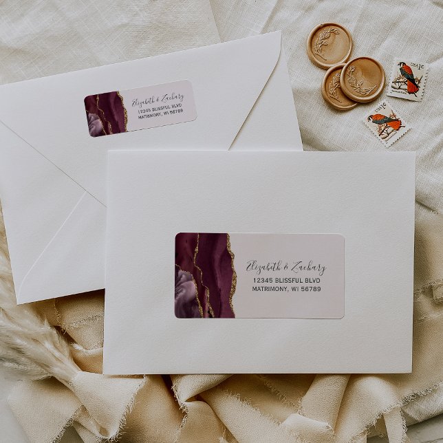 Chic Burgundy Gold Blush Wedding Rücksendeadresse (Von Creator hochgeladen)