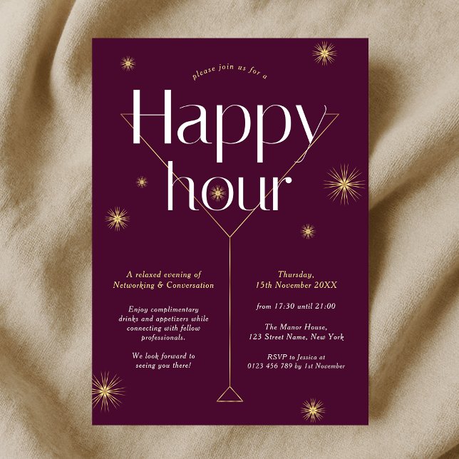 Chic Burgundy & Gold Company Networking Happy Hour Einladung (Modern burgundy and gold company cocktail party happy hour event invitation)