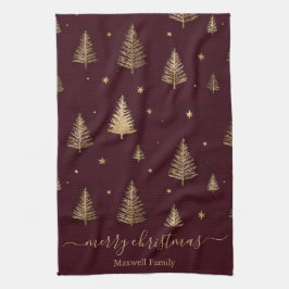 Chic Burgundy gold glitter merry christmas trees  Geschirrtuch