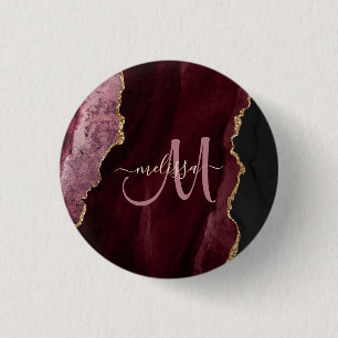 Chic Burgundy Gold Glitzer Agate Custom Monogram Button
