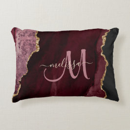 Chic Burgundy Gold Glitzer Agate Custom Monogram Dekokissen