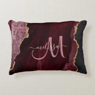 Chic Burgundy Gold Glitzer Agate Custom Monogram Dekokissen
