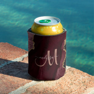 Chic Burgundy Gold Glitzer Agate Custom Monogram Dosenkühler