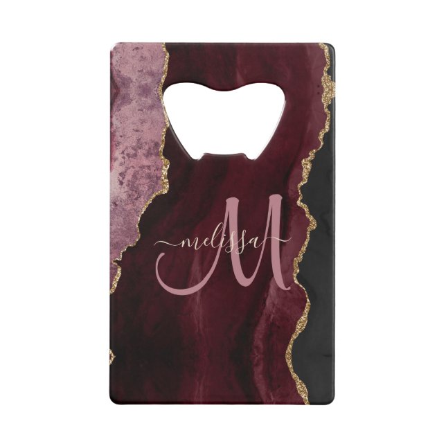 Chic Burgundy Gold Glitzer Agate Custom Monogram Geldbeutel Flaschenöffner (Vorderseite)