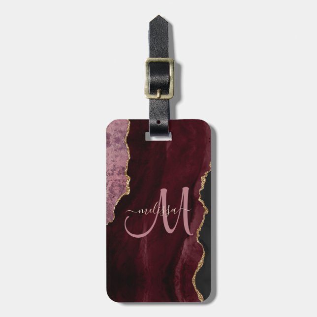 Chic Burgundy Gold Glitzer Agate Custom Monogram Gepäckanhänger (Vorderseite vertikal)