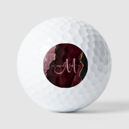 Chic Burgundy Gold Glitzer Agate Custom Monogram Golfball