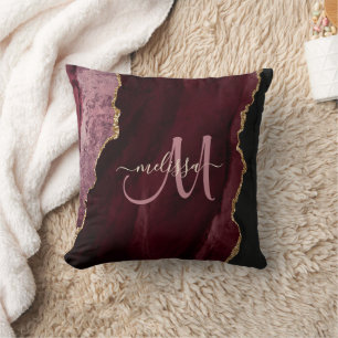 Chic Burgundy Gold Glitzer Agate Custom Monogram Kissen