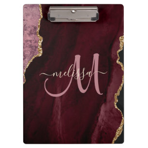 Chic Burgundy Gold Glitzer Agate Custom Monogram Klemmbrett