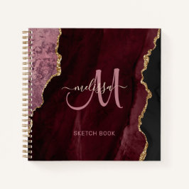 Chic Burgundy Gold Glitzer Agate Custom Monogram Notizbuch