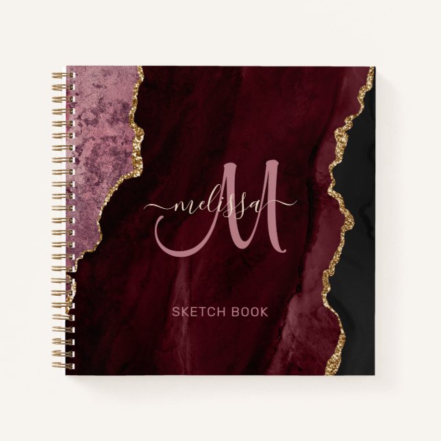 Chic Burgundy Gold Glitzer Agate Custom Monogram Notizbuch (Vorderseite)