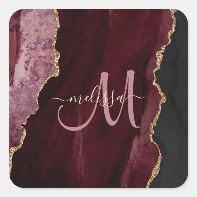 Chic Burgundy Gold Glitzer Agate Custom Monogram Quadratischer Aufkleber (Vorderseite)