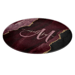 Chic Burgundy Gold Glitzer Agate Custom Monogram Schneidebrett