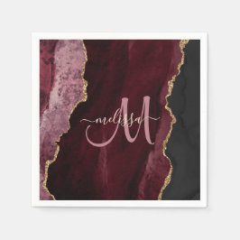 Chic Burgundy Gold Glitzer Agate Custom Monogram Serviette
