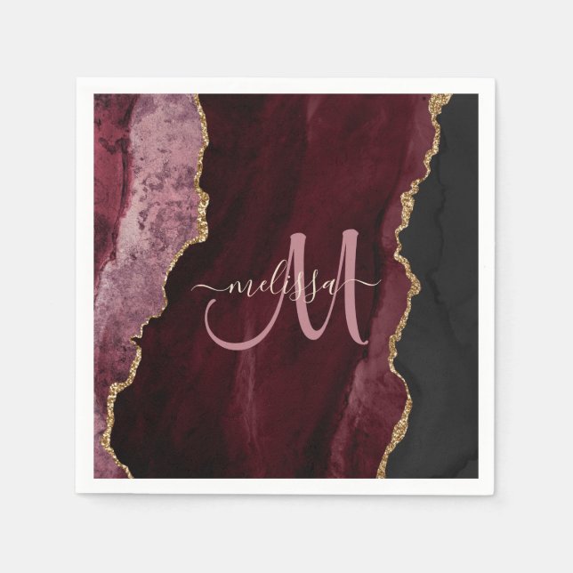 Chic Burgundy Gold Glitzer Agate Custom Monogram Serviette (Vorderseite)