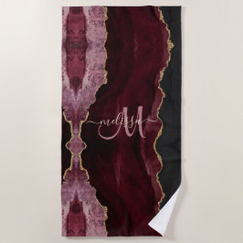 Chic Burgundy Gold Glitzer Agate Custom Monogram Strandtuch
