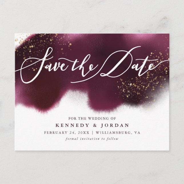 Chic Burgundy Gold Glitzer Wedding Save the Date Ankündigungspostkarte (Vorderseite)