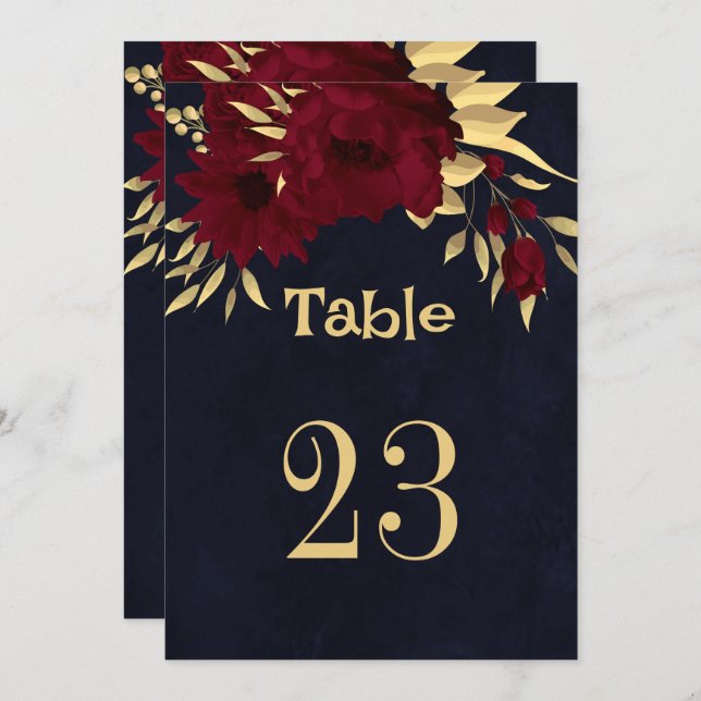 Chic burgundy & gold marineblaue Tischnummer (Vorne/Hinten)