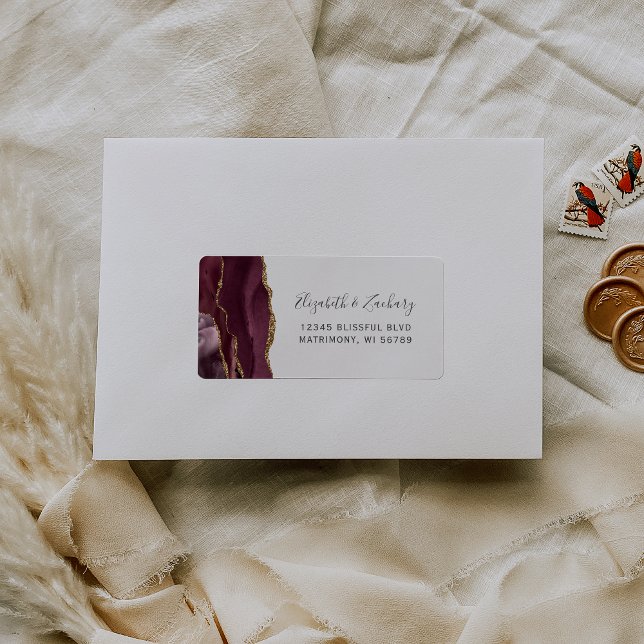 Chic Burgundy Gold Wedding RSVP Selbstadresse Adressaufkleber (Von Creator hochgeladen)