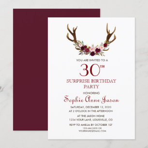 Chic Burgundy Marsala Floral Antlers 50. Geburtsta Einladung
