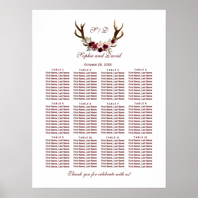 Chic Burgundy Marsala Floral Antlers Seekarte Poster (Vorne)