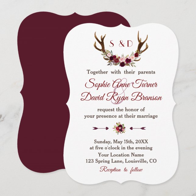 Chic Burgundy Marsala Floral Antlers Wedding Einladung (Vorne/Hinten)