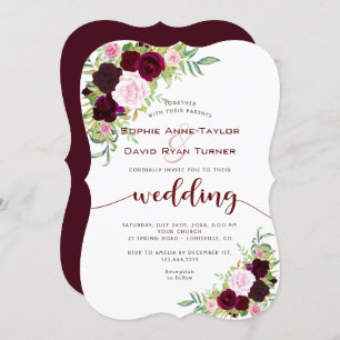 Chic Burgundy Marsala Floral Gold Wedding Einladung