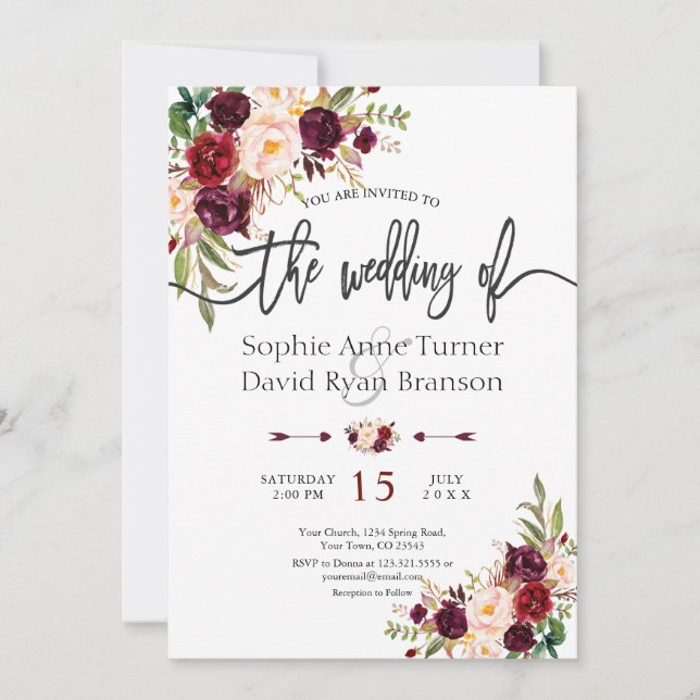Chic Burgundy Marsala Floral Handwriting Wedding Einladung (Vorderseite)