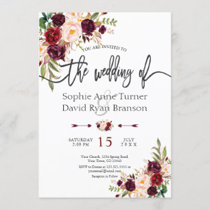 Chic Burgundy Marsala Floral Handwriting Wedding Einladung
