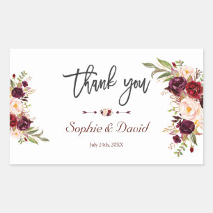 Chic Burgundy Marsala Floral Handwriting Wedding Rechteckiger Aufkleber