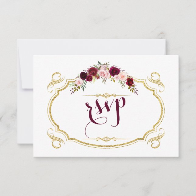 Chic Burgundy Marsala Floral Hochzeit im Herbst UA RSVP Karte (Vorderseite)