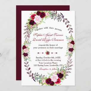Chic Burgundy Marsala Floral Wreath Wedding Einladung