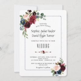 Chic Burgundy Navy Blue Floral Frame Wedding Einladung